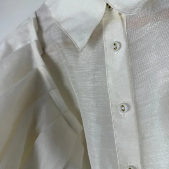 Aureta Linen Silk Puff Sleeve Blouse Women Medium Ivory Statement Button Down - Picture 8 of 10